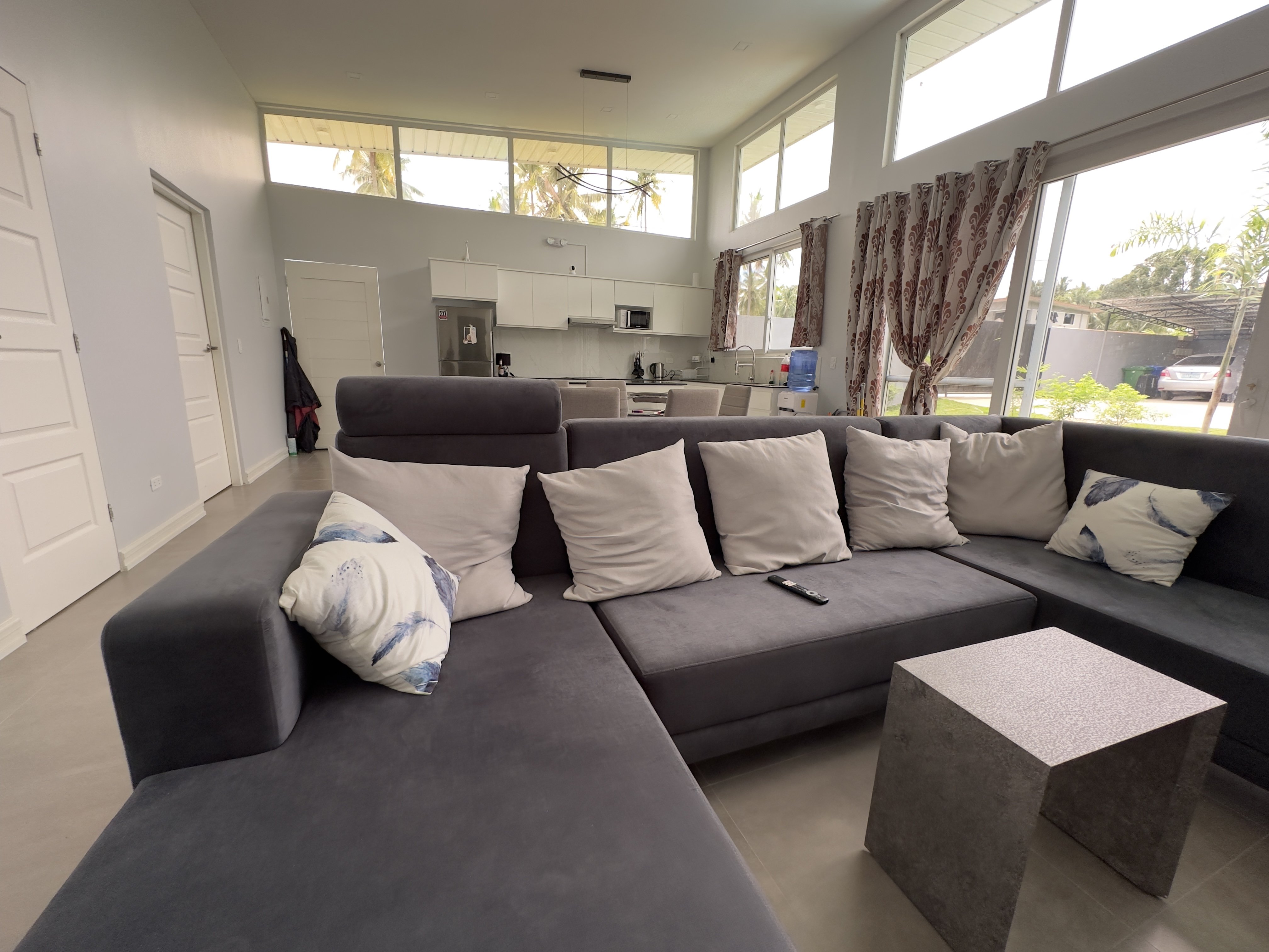Sectional sofa facing the kitchen and clerestory light